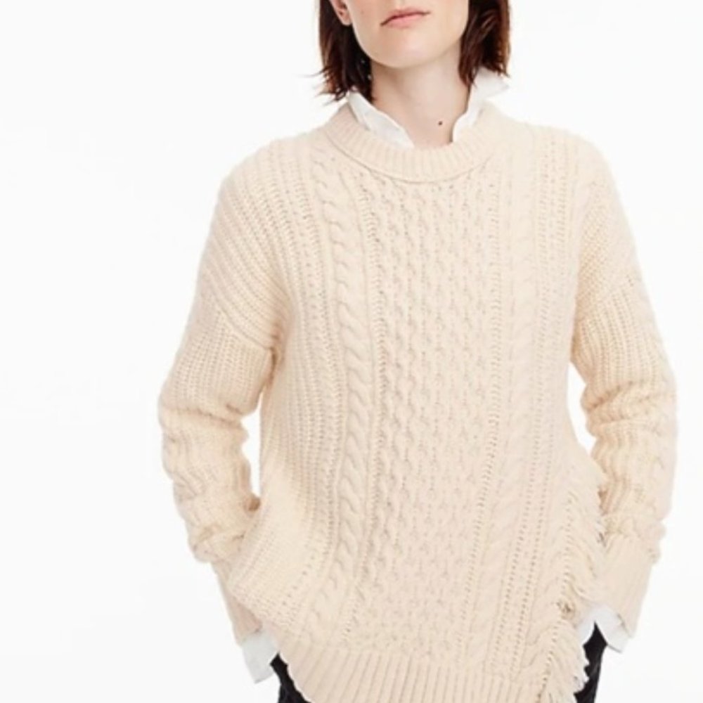 J.Crew Cableknit sweater with fringe--wool/cotton